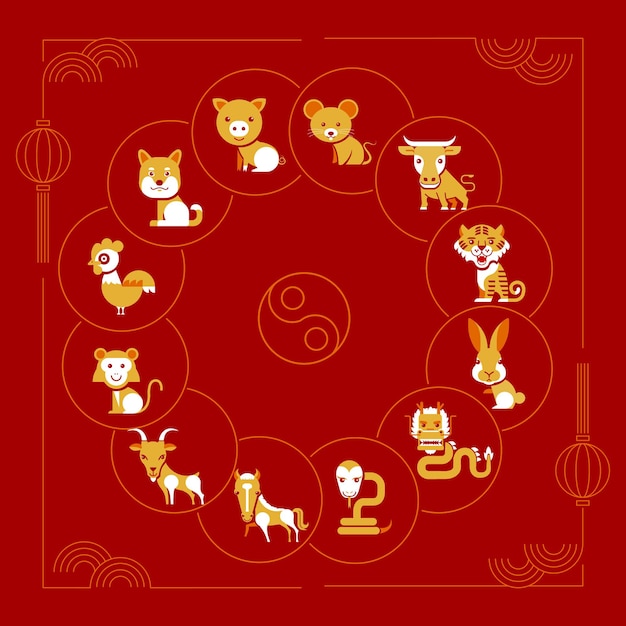 Conjunto de mascotas del zodiaco chino personaje de dibujos animados xACinese horóscopo colección de zodiaco símbolo de diseño plano minimalista geométrico