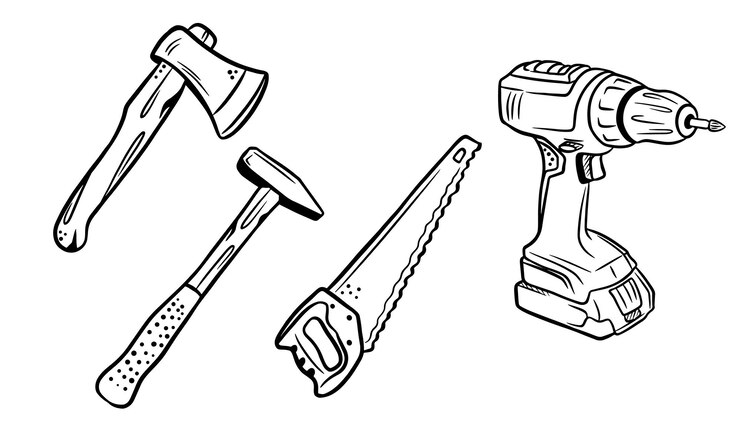 Vector un conjunto de materiales de construcción en un estilo de dibujos animados un martillo, un destornillador, una sierra y un hacha herramientas para reparar