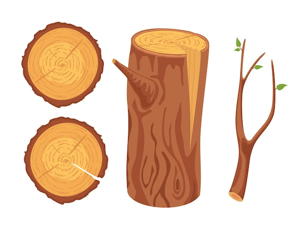 Conjunto de materiales de construcción de maderas duras de madera de dibujos animados Tronco de madera y tocón de tronco y tablón De madera