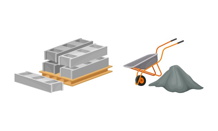 Vector conjunto de materiales de construcción paleta de bloques de hormigón e ilustración vectorial de carretilla