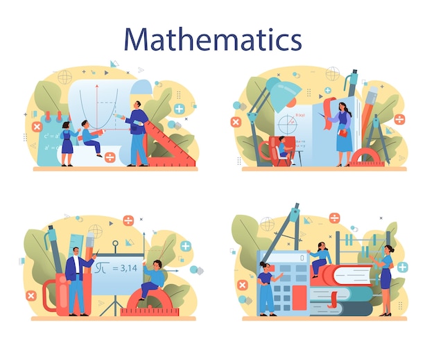 Conjunto de materias de la escuela de matemáticas. aprendiendo matemáticas, idea de educación y conocimiento. ciencia, tecnología, ingeniería, educación matemática.