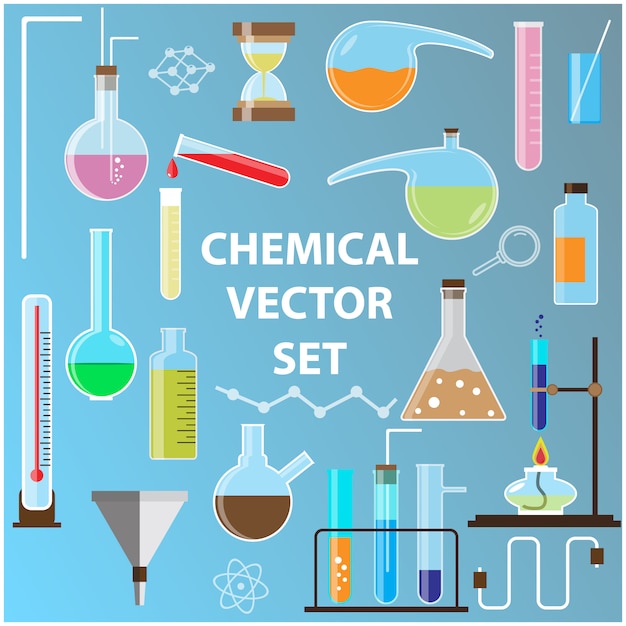 Conjunto de matraces de laboratorio con objetos vectoriales de química.