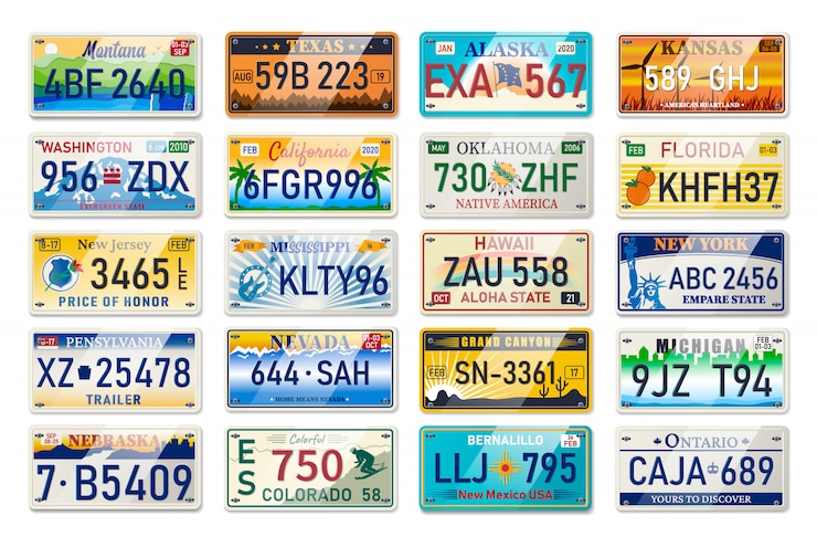 Vector conjunto de matrícula y números de automóviles del registro de vehículos en los estados unidos. placas de coche. números de licencia de vehículo