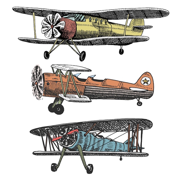 Vector conjunto de mazorcas de maíz de aviones de pasajeros o ilustración de viaje de aviación de avión grabado a mano dibujado en transporte vintage de estilo antiguo boceto