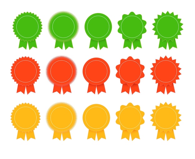 Conjunto de medallas con cinta trofeo insignias de premio logro vector de etiqueta plana