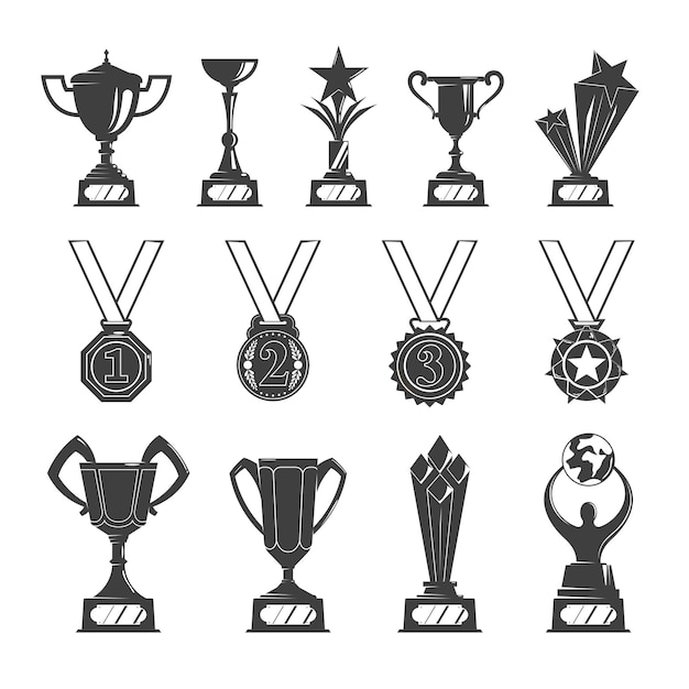 Conjunto de medallas de copa recompensa iconos monocromos con imágenes aisladas de premios premios de honor en stands ilustración