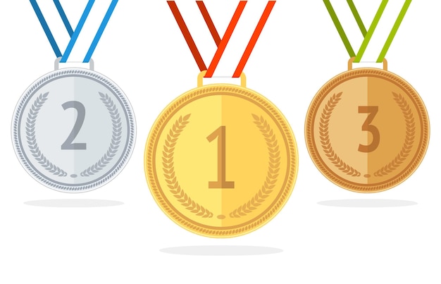 Conjunto de medallas de oro, plata y bronce. Estilo plano. Ilustración vectorial