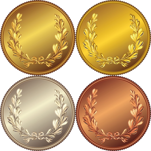 Vector conjunto de medallas de oro, plata y bronce con la imagen de una corona de laurel