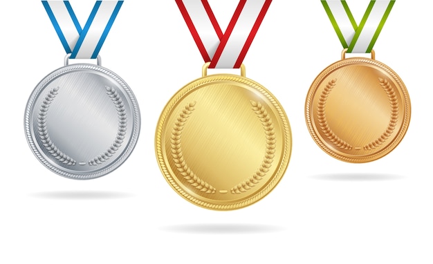 Conjunto de medallas de oro, plata y bronce