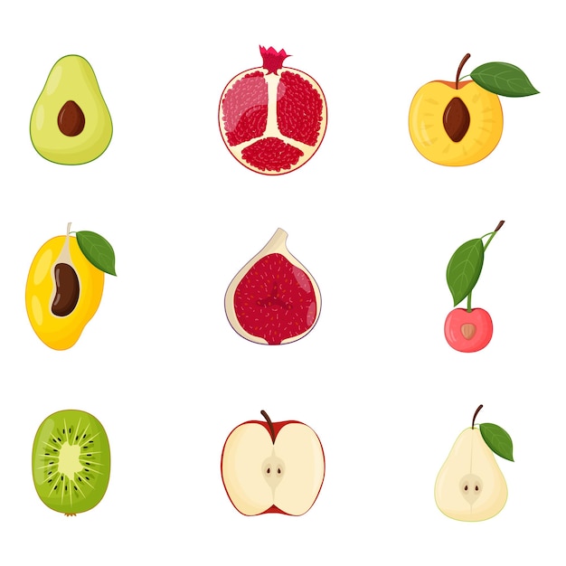 Conjunto de medias frutas Comida vegetariana concepto de alimentación saludable Aguacate Granada melocotón mango higo