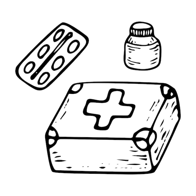 Conjunto de medicamentos con boceto del botiquín de primeros auxilios Comprimidos en embalaje Ilustración dibujada a mano
