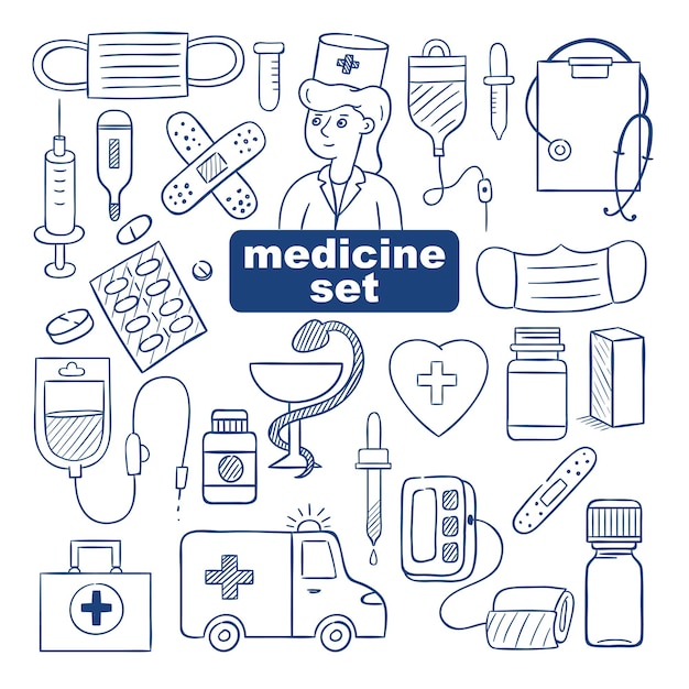 Conjunto de medicamentos Ilustración vectorial dibujada a mano