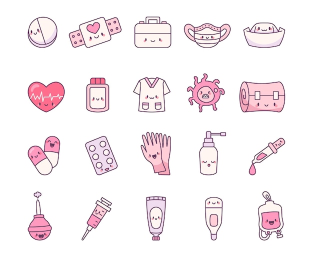 Conjunto de medicina y salud con un lindo kawaii