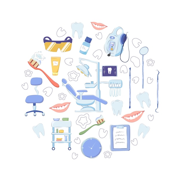 Conjunto médico dental de elementos de diseño aislado sobre fondo blanco imagen vectorial de dientes equipo herramientas gabinete muebles en estilo dibujado a mano de dibujos animados