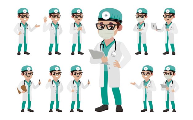 Conjunto de médico con diferentes poses.