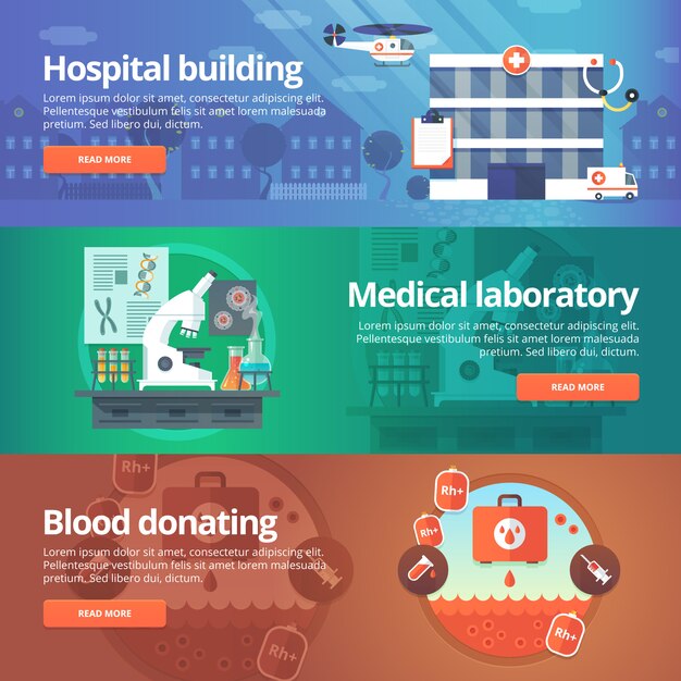 Conjunto médico y sanitario. Laboratorio hospitalario. Donación de sangre. Ilustraciones modernas Banners horizontales