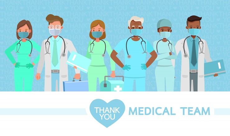 Vector conjunto de médico usar máscara médica. gracias equipo medico. carácter de concepto de cuarentena de coronavirus.