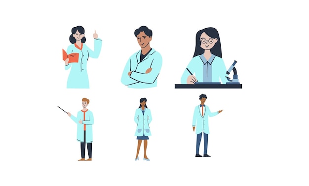 Conjunto de médicos y científicos en batas médicas Ilustración vectorial en estilo de dibujos animados