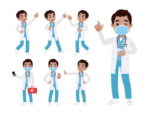 Vector conjunto de médicos con diferentes poses