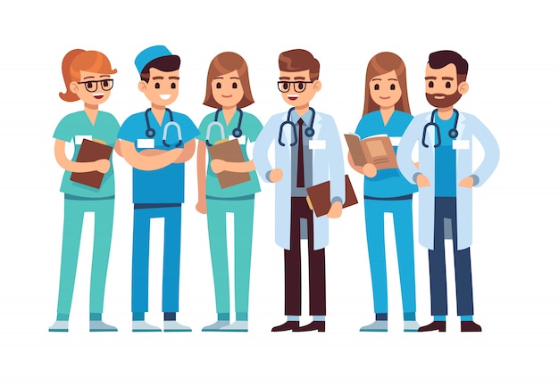 Conjunto de médicos Equipo de personal médico médico enfermera terapeuta cirujano profesional hospital grupo de trabajadores médico, personajes de dibujos animados de vectores