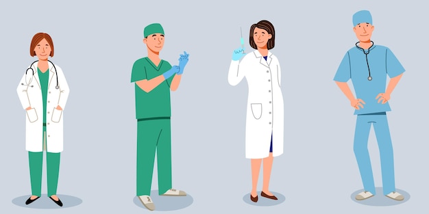 Un conjunto de médicos. El personal médico es un médico y una enfermera, un grupo de médicos. Ilustración de vector de estilo plano.
