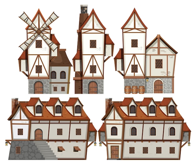 Conjunto, de, medieval, casa, y, objeto, caricatura