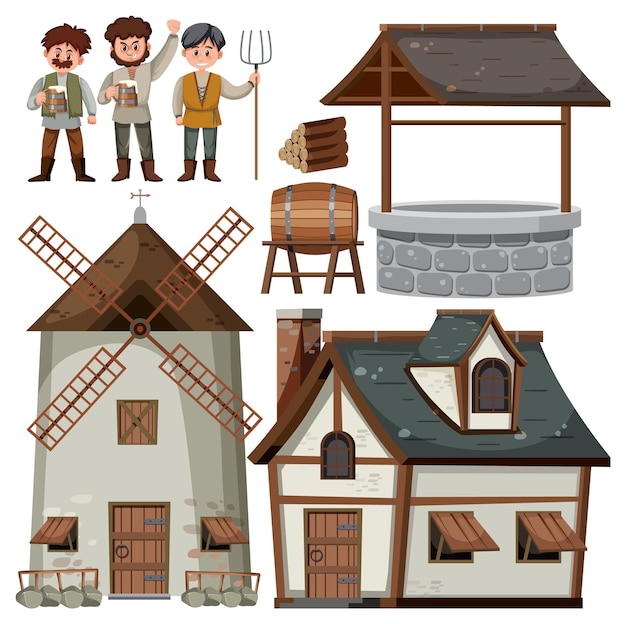 Vector conjunto, de, medieval, casa, y, objeto, caricatura