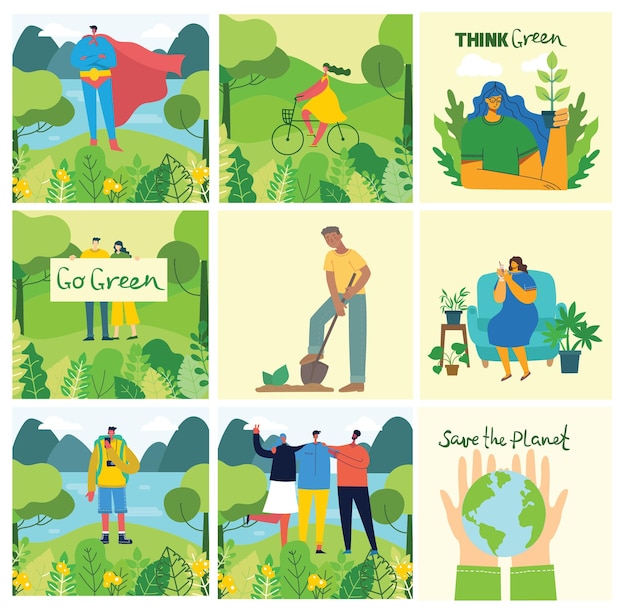 Conjunto de medio ambiente ecológico. Gente cuidando el planeta.