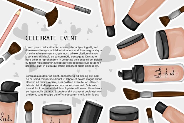 Conjunto de medios tonales y correctivos para la piel facial, plantilla para texto. Estilo de dibujos animados. Ilustración vectorial.