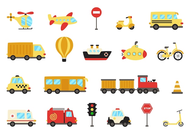 Conjunto de medios de transporte de estilo plano. Recogida de transporte.