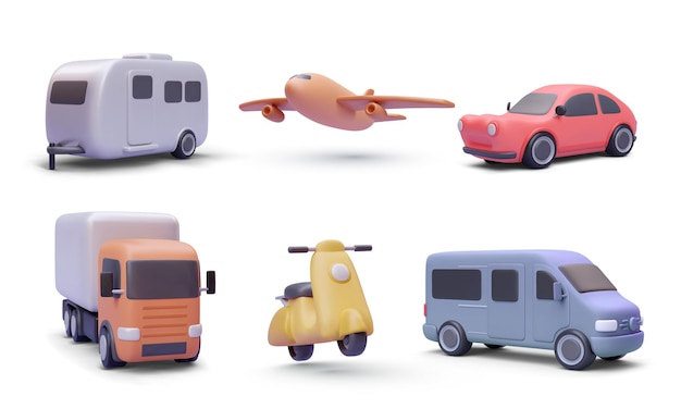 Conjunto de medios de transporte en estilo realista camión coche scooter minivan avión casa en ruedas