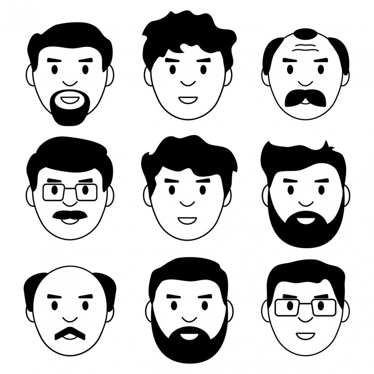 Vector conjunto de melena, avatar iconos, diseño en blanco y negro. ilustración