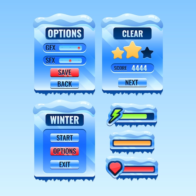 Vector conjunto de menú emergente de gui winter christmas board y barra de iconos para elementos de activos de interfaz de usuario del juego