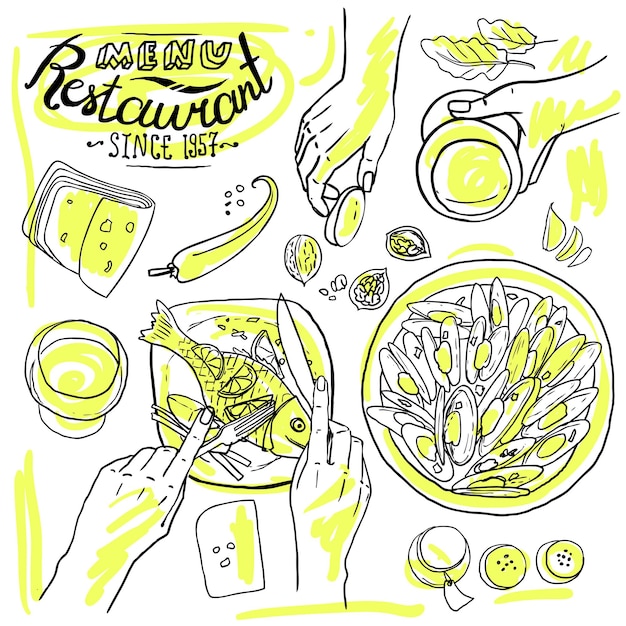 Conjunto de menú de restaurante de mariscos bocetos dibujados a mano