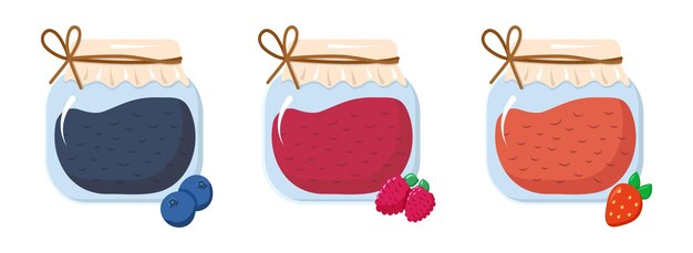 Conjunto de mermeladas de frutos rojos Frascos de vidrio con arándanos, frambuesas y fresas Stock de alimentos enlatados Cosecha