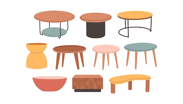 Conjunto de mesas de estilo escandinavo Mesa de café plana de madera Ilustración de diseño plano vectorial