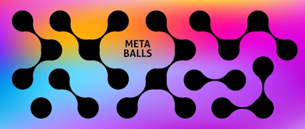 Conjunto de Metaball en fondo irisado Puntos de morfología conectados en negro Colección de patrones de manchas líquidas