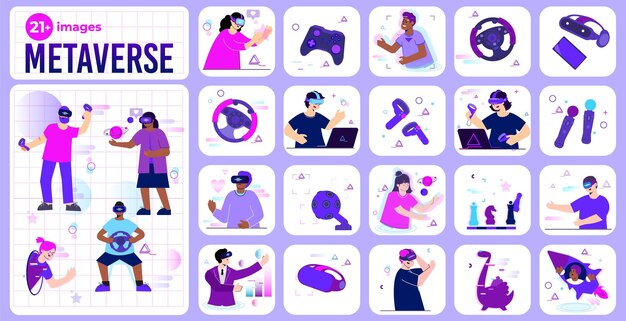 Conjunto de metaverso con composiciones cuadradas de imágenes planas con gamepads vr auriculares joysticks y personas involucradas ilustración vectorial