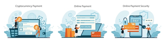 Conjunto de métodos de pago que muestra transacciones de criptomonedas, compras en línea y características de seguridad