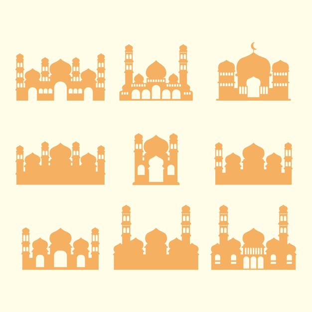El conjunto de la mezquita Shillouette Flat Design Ilustración del icono de dibujos animados