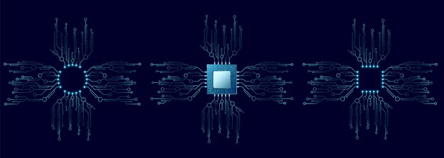 Conjunto de microchips azules brillantes conectados a una red de circuitos futuristas sobre un fondo oscuro