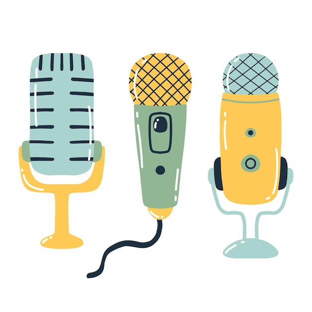 Un conjunto de micrófonos estilo Doodle ilustración vectorial
