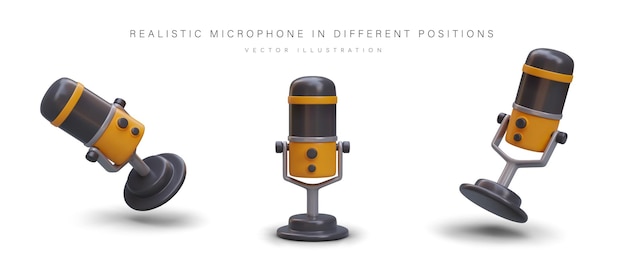 Conjunto de micrófonos realistas en diferentes posiciones Micrófono 3D en color sobre soporte