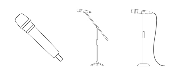 Vector conjunto de micrófonos vocales de contorno negro aislados sobre fondo blanco