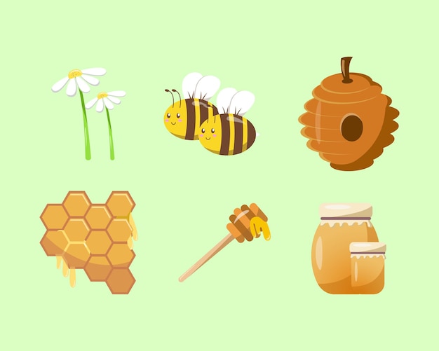 Conjunto de miel colmena tarro de miel flor cuchara panal conjunto de vectores ilustración