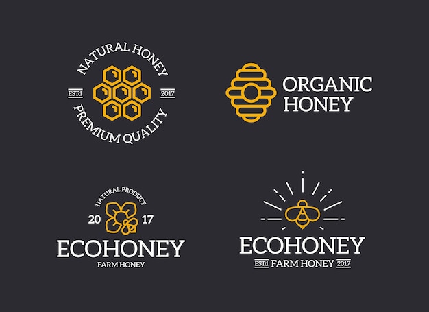 Conjunto de miel retro vintage y logotipo o insignias de colmena de panal de abejas, emblemas, etiquetas y insignias y otros objetos de marca, estilo de línea vectorial