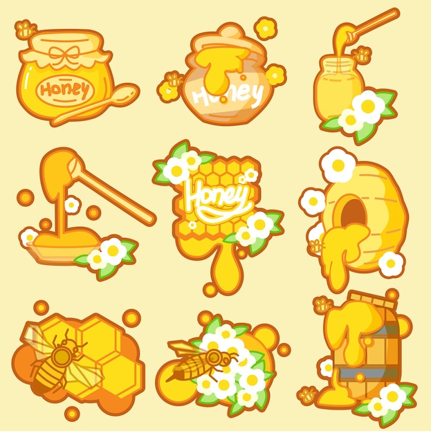 Conjunto de miel vectorial colección de apicultura ilustración de abejas de colmena y panales de miel