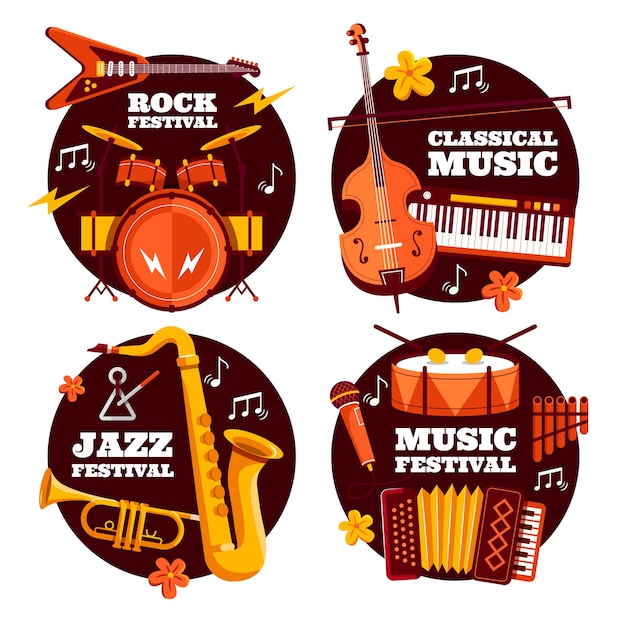 Conjunto de mini composiciones de instrumentos musicales planos