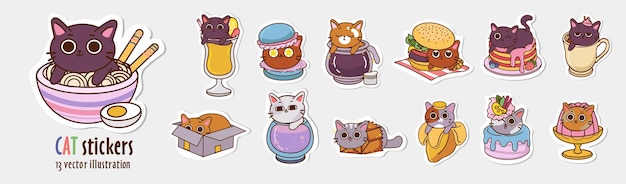 Vector conjunto de mini conceptos sobre el tema de las pegatinas de gatos ilustración de gatos en diferentes situaciones