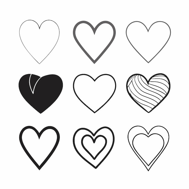 Conjunto minimalista de íconos de corazones en fondo blanco